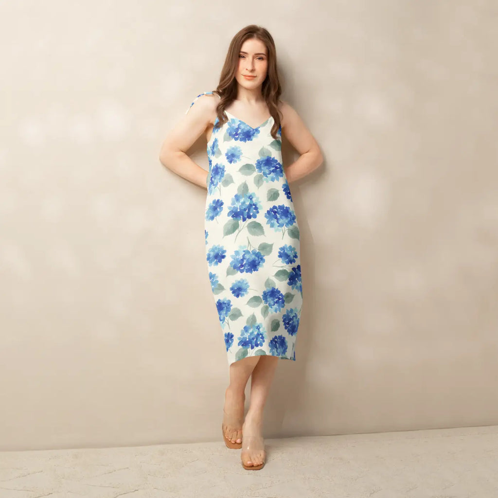 Blue Hydrangea Midi Dress - Built-In Bra and Tie Straps - DipaliZ