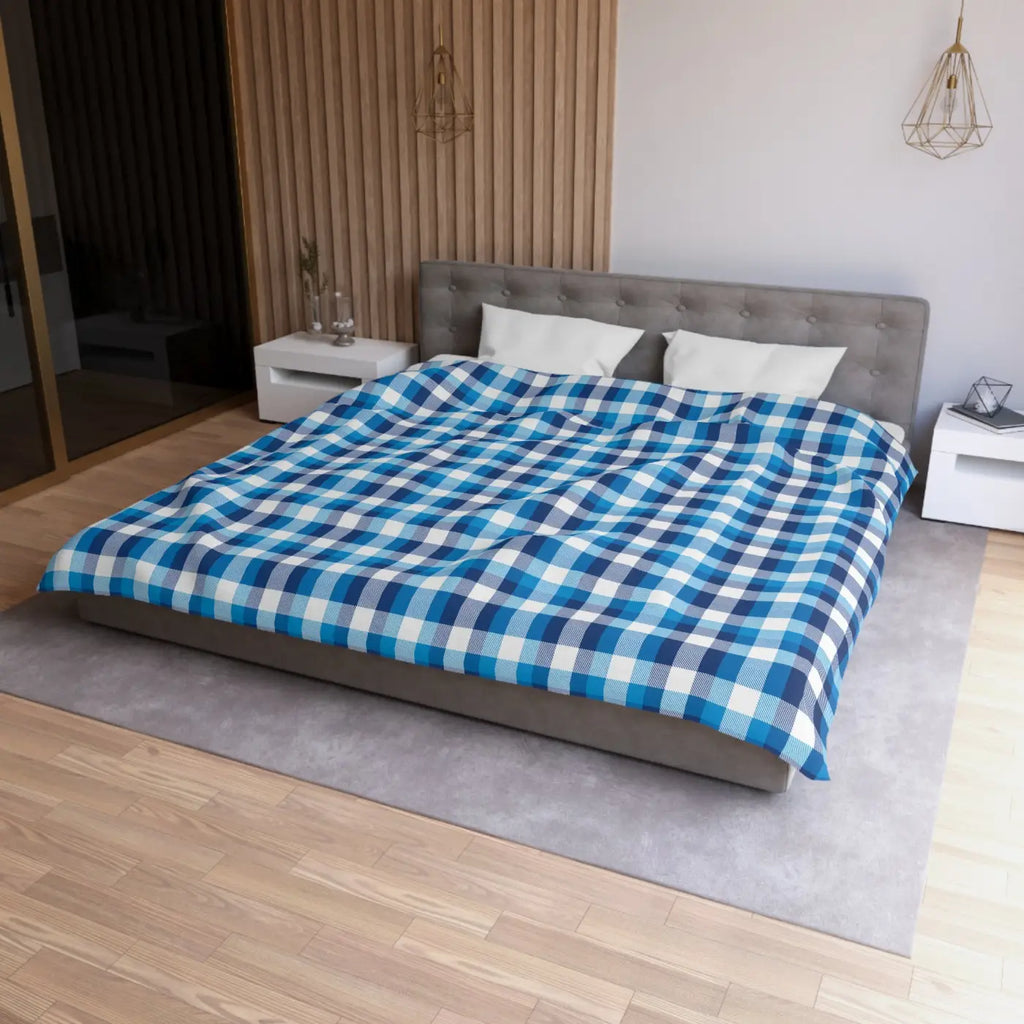Blue Plaid Microfiber Duvet Cover - Cozy Brushed Bedding - DipaliZ