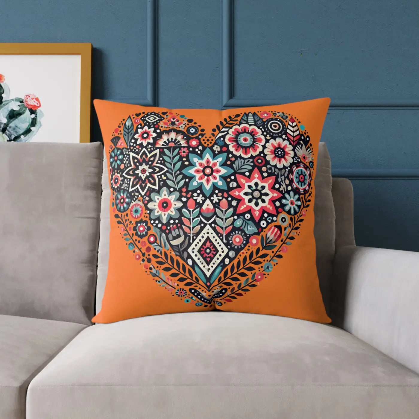 Vibrant Pillow Decor - Boho Heart Square Poly Canvas - DipaliZ