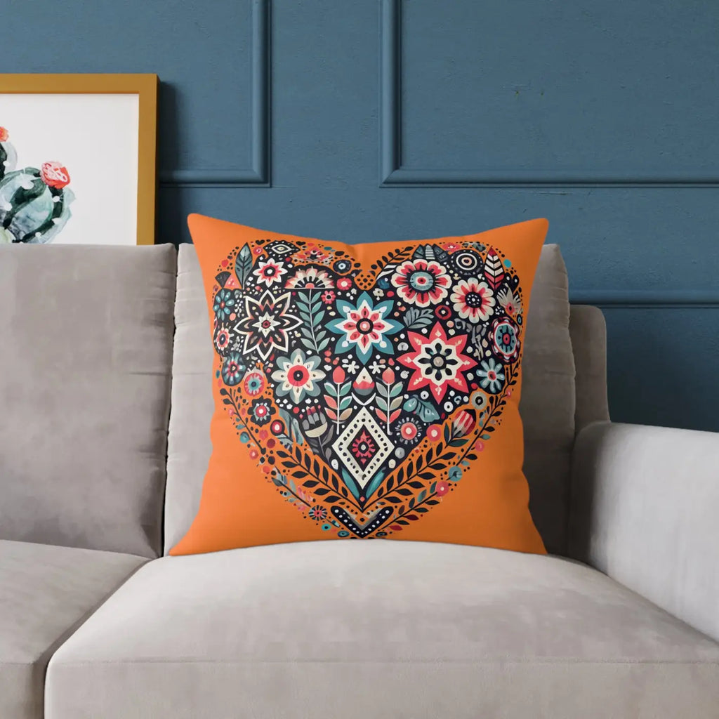Vibrant Pillow Decor - Boho Heart Square Poly Canvas - DipaliZ