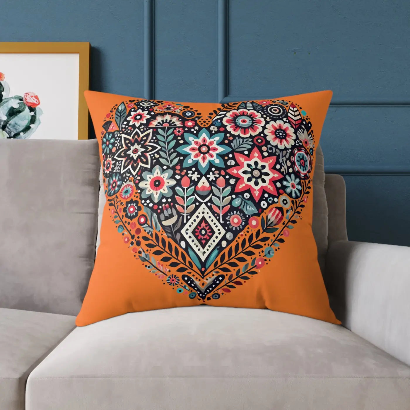 Vibrant Pillow Decor - Boho Heart Square Poly Canvas - DipaliZ
