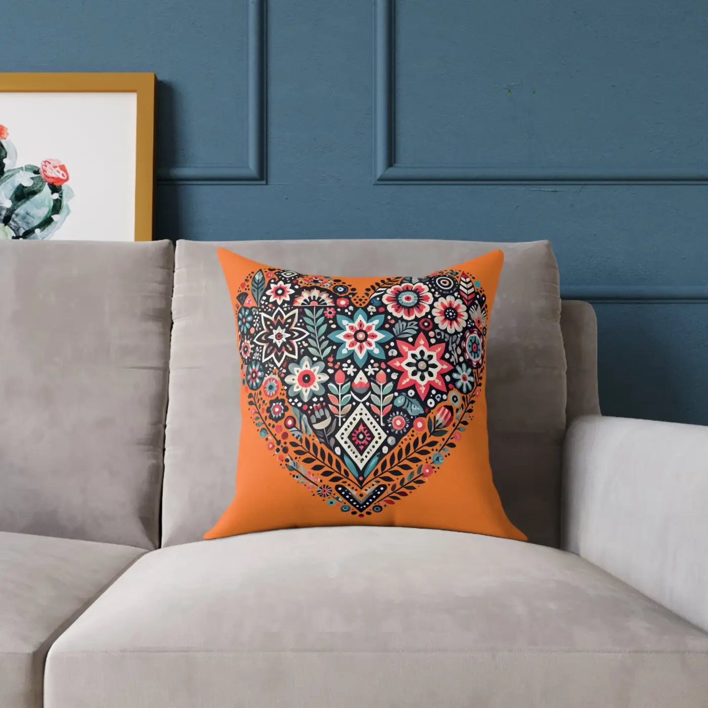 Vibrant Pillow Decor - Boho Heart Square Poly Canvas - DipaliZ