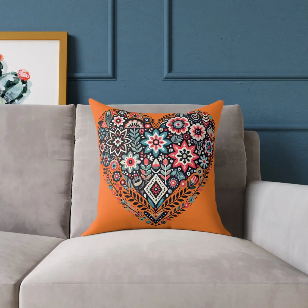 Vibrant Pillow Decor - Boho Heart Square Poly Canvas - DipaliZ