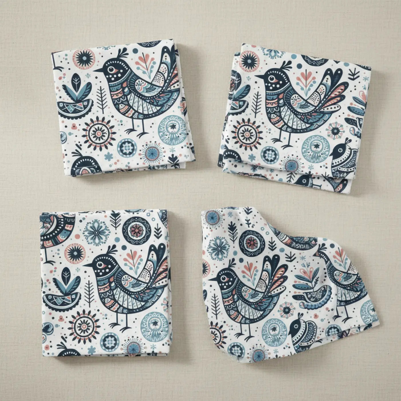 Boho Floral Napkin Set, Decorative Napkins for Dining, Holiday Table Decor, Eco-Friendly Napkins, Bird Pattern Napkins