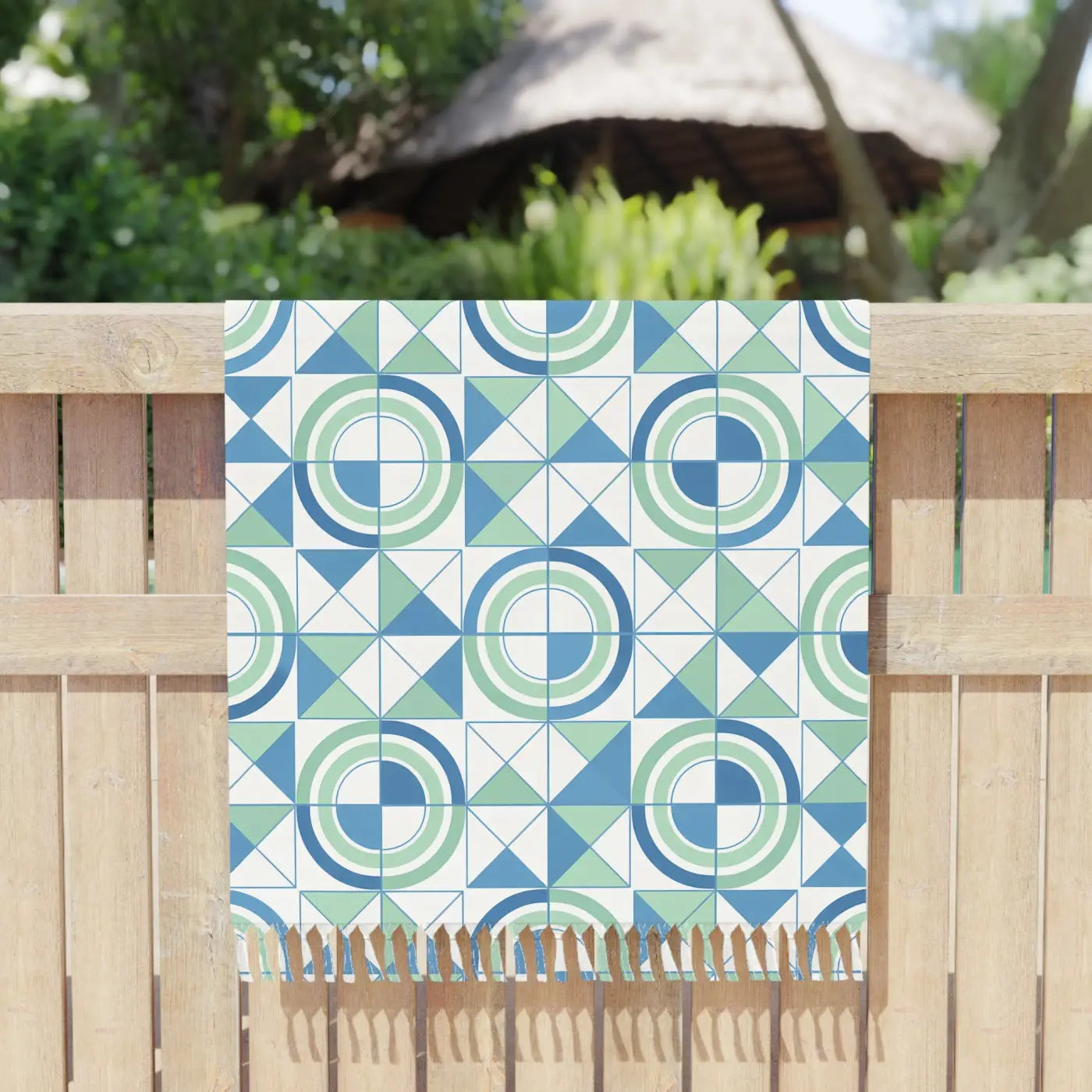 Boho Geometric Beach Towel - Blue Green Tile Design - DipaliZ