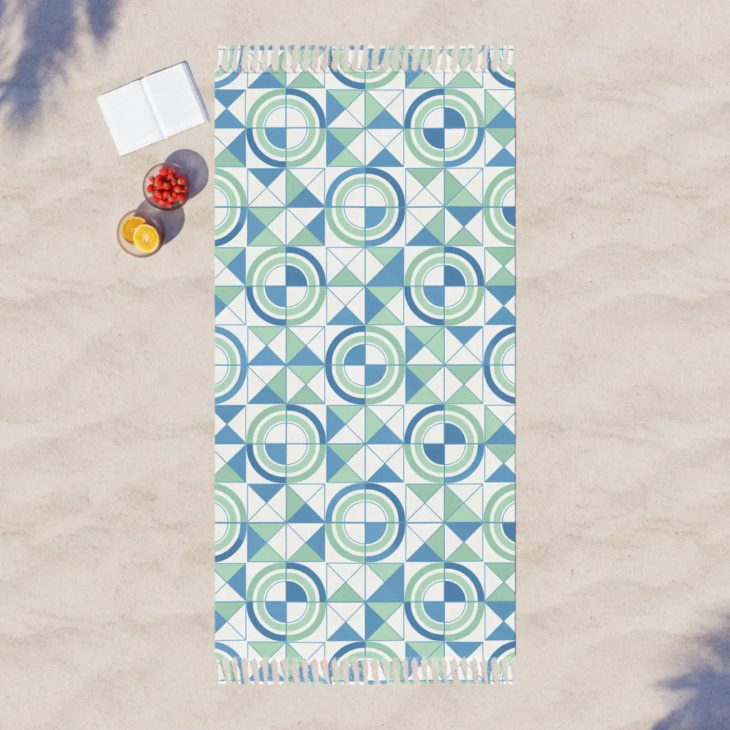 Boho Geometric Beach Towel - Blue Green Tile Design - DipaliZ