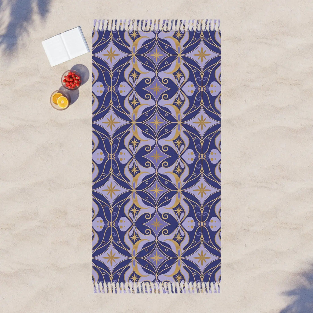 Boho Tile Beach Towel - Moroccan Patterned with Fringe Tassels - DipaliZ