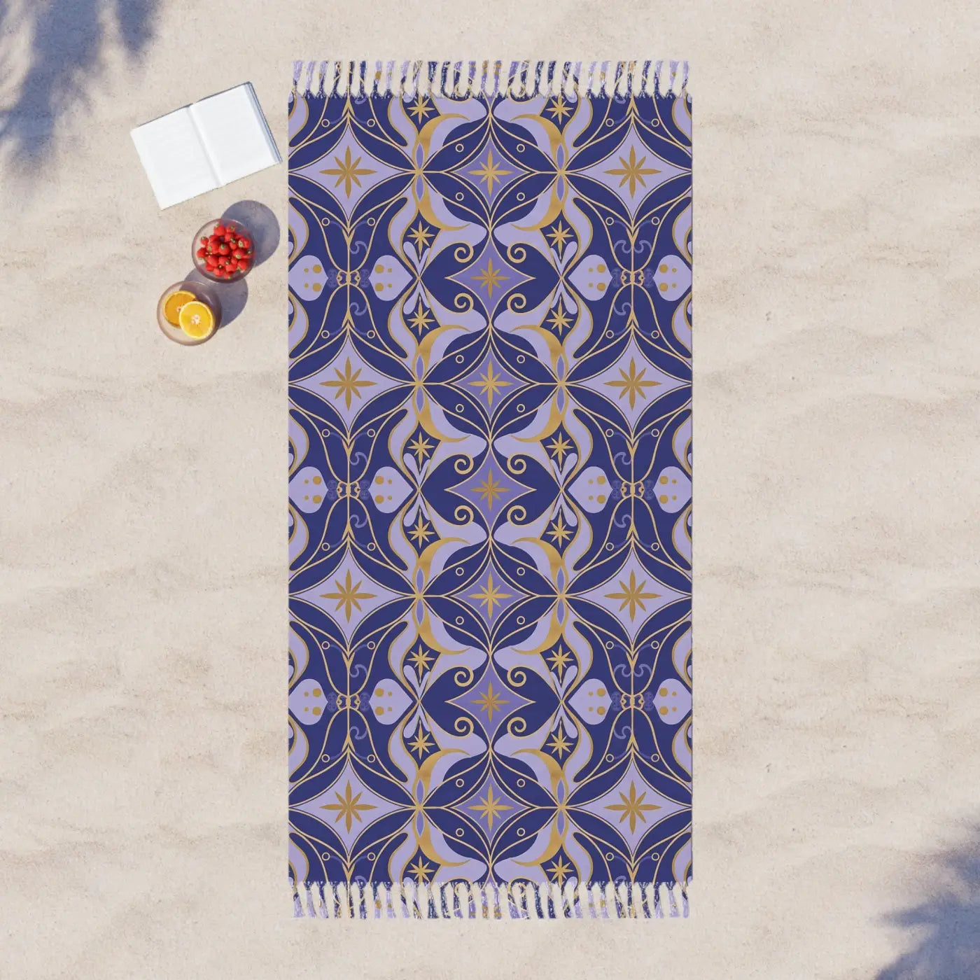 Boho Tile Beach Towel - Moroccan Patterned with Fringe Tassels - DipaliZ