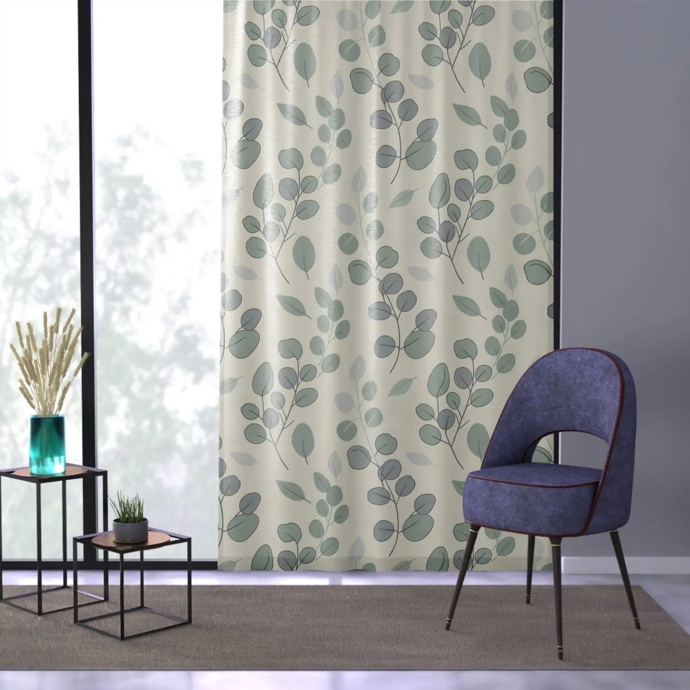 Eucalyptus Sheer Window Curtain - Botanical Design - DipaliZ