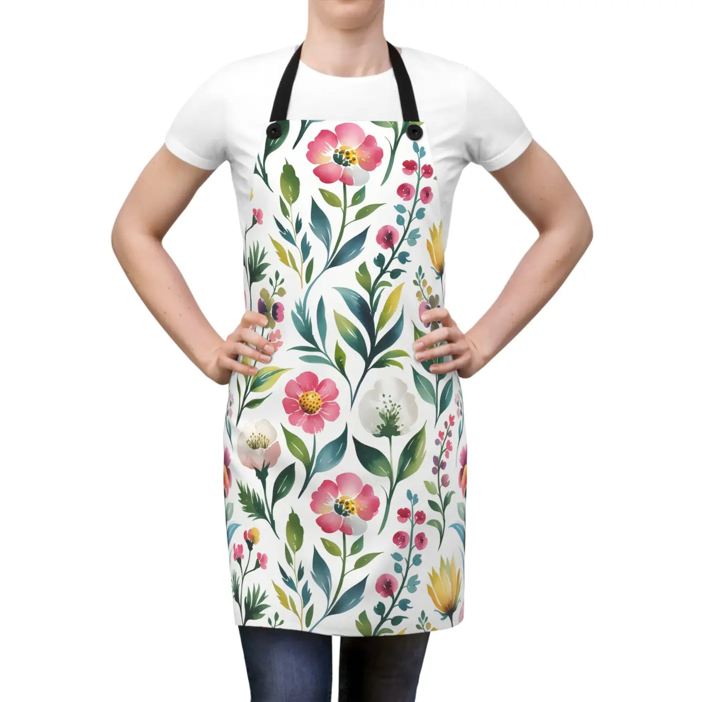 Botanical Floral Apron - Black Detachable Twill Straps - DipaliZ