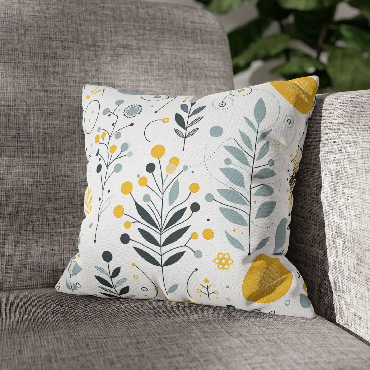 Botanical Square Pillowcase - Grey Yellow Home Decor - DipaliZ