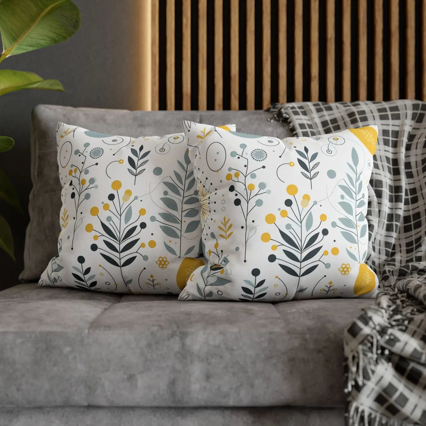 Botanical Square Pillowcase - Grey Yellow Home Decor - DipaliZ