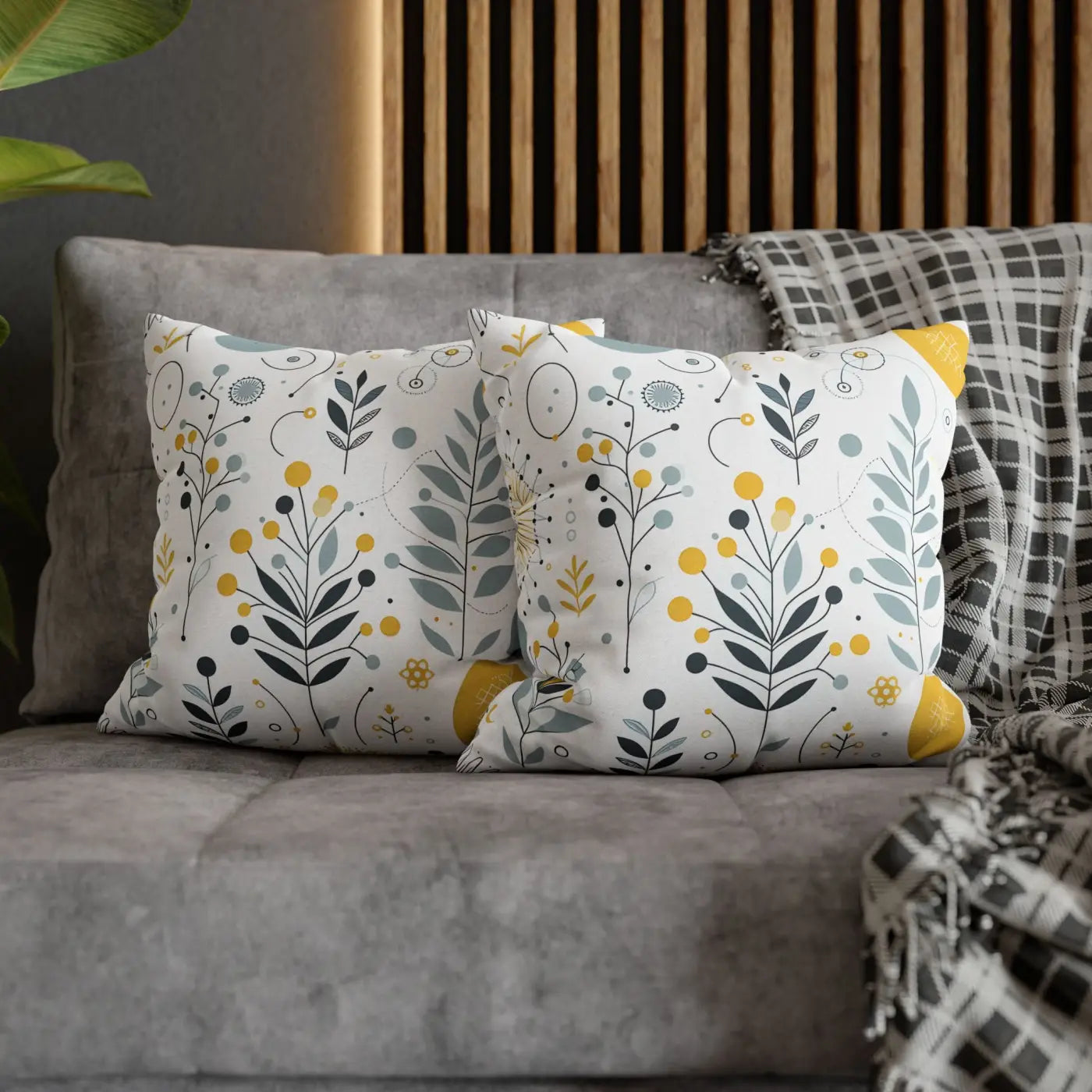 Botanical Square Pillowcase - Grey Yellow Home Decor - DipaliZ