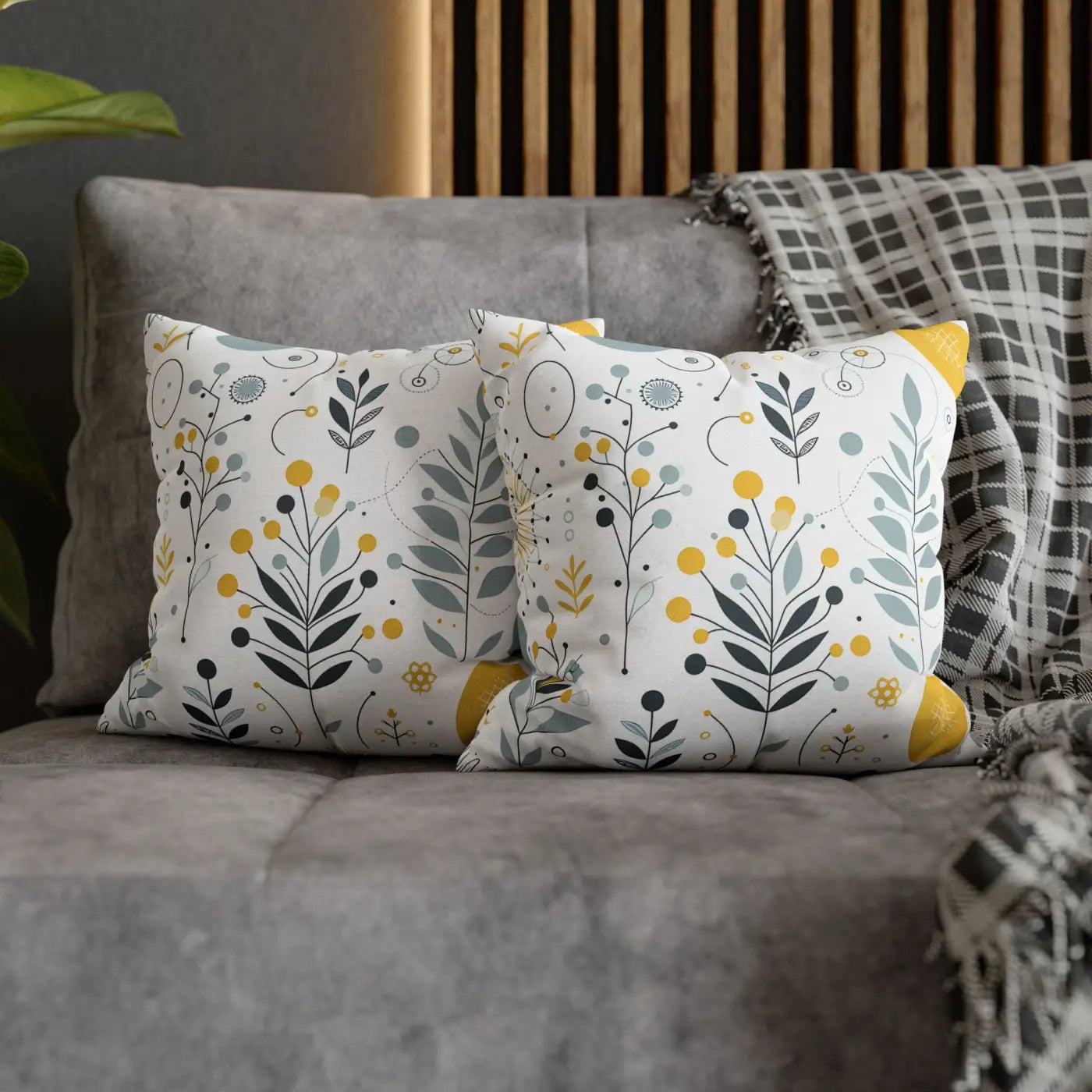 Botanical Square Pillowcase - Grey Yellow Home Decor - DipaliZ