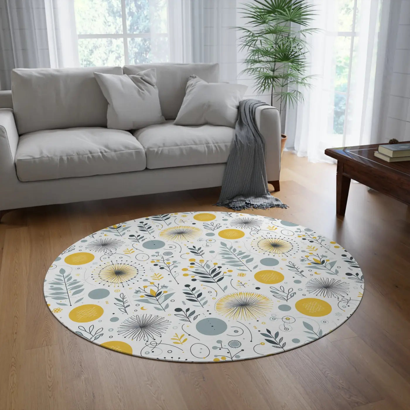 Botanical Round Rug - Yellow Patterned Polyester Chenille - DipaliZ