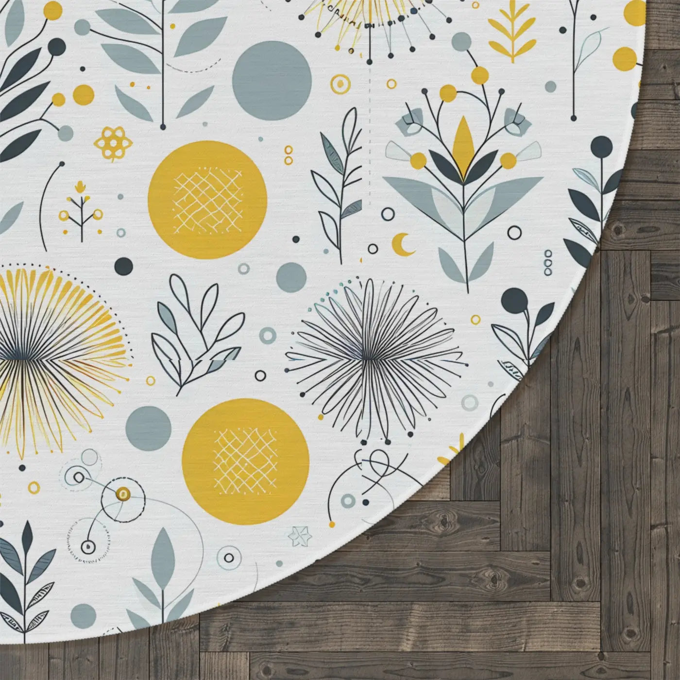 Botanical Round Rug - Yellow Patterned Polyester Chenille - DipaliZ