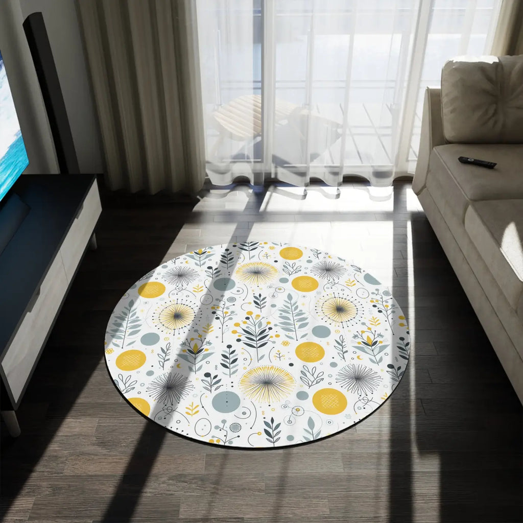 Botanical Round Rug - Yellow Patterned Polyester Chenille - DipaliZ