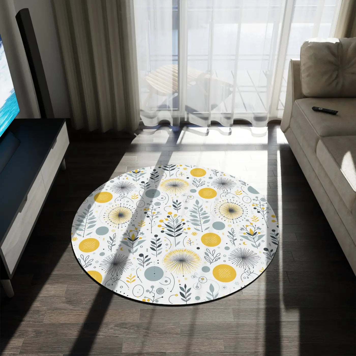 Botanical Round Rug - Yellow Patterned Polyester Chenille - DipaliZ