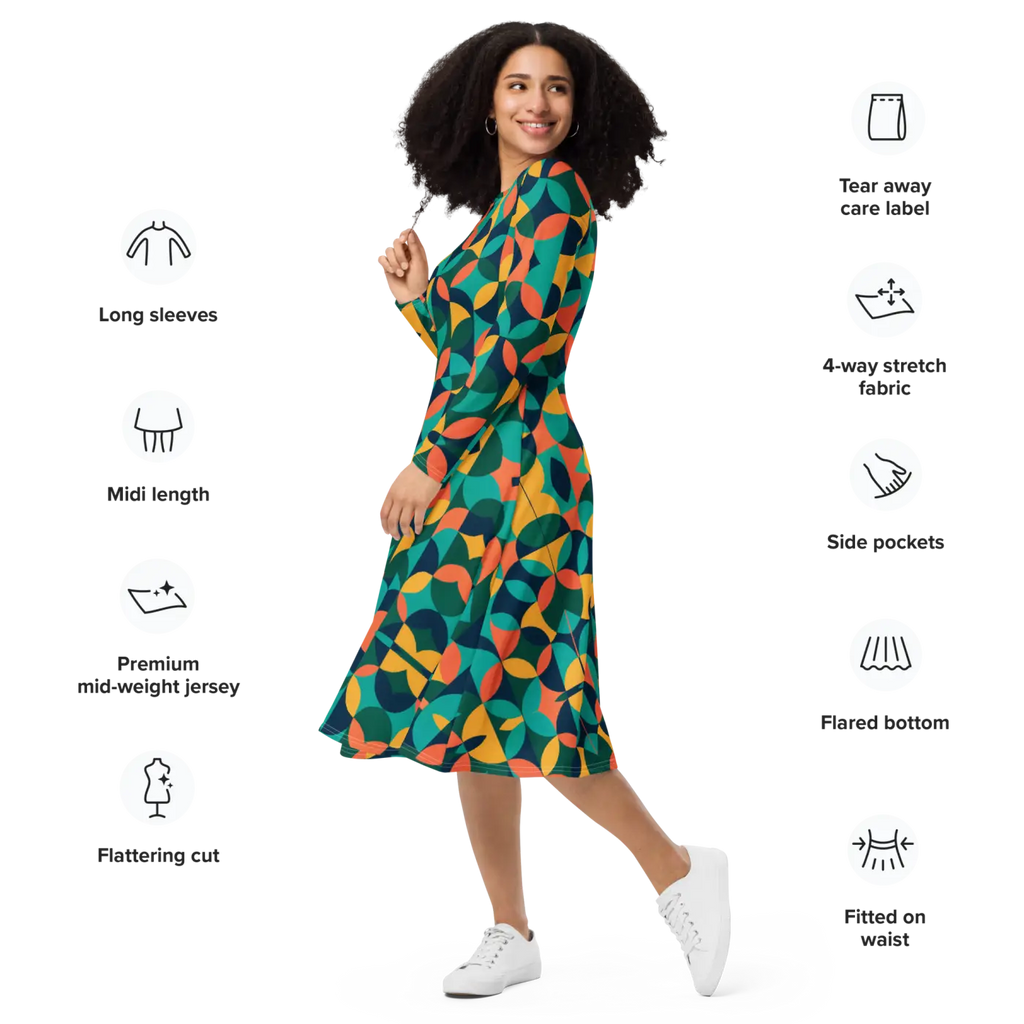Print Long Sleeve Midi - Attractive Geometrical Pattern - DipaliZ