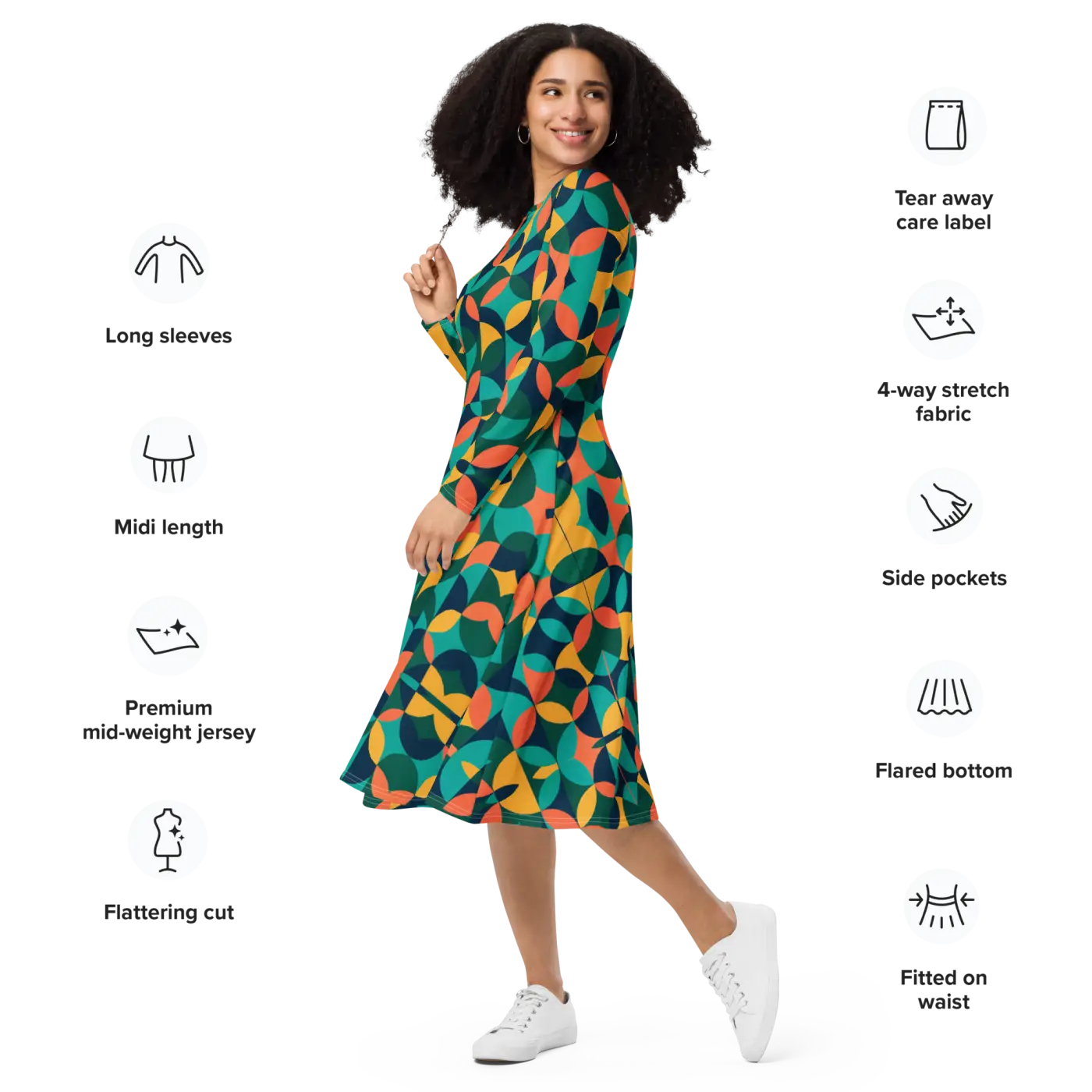 Print Long Sleeve Midi - Attractive Geometrical Pattern - DipaliZ