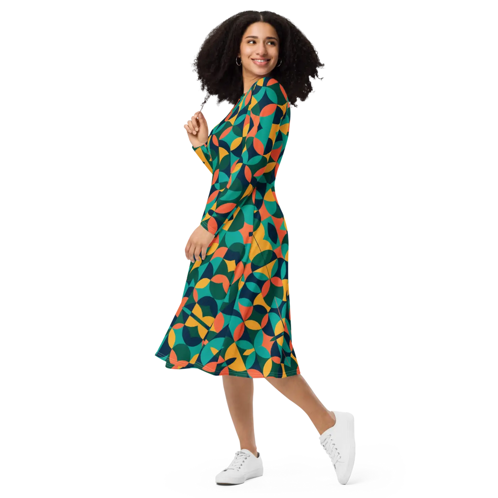 Print Long Sleeve Midi - Attractive Geometrical Pattern - DipaliZ
