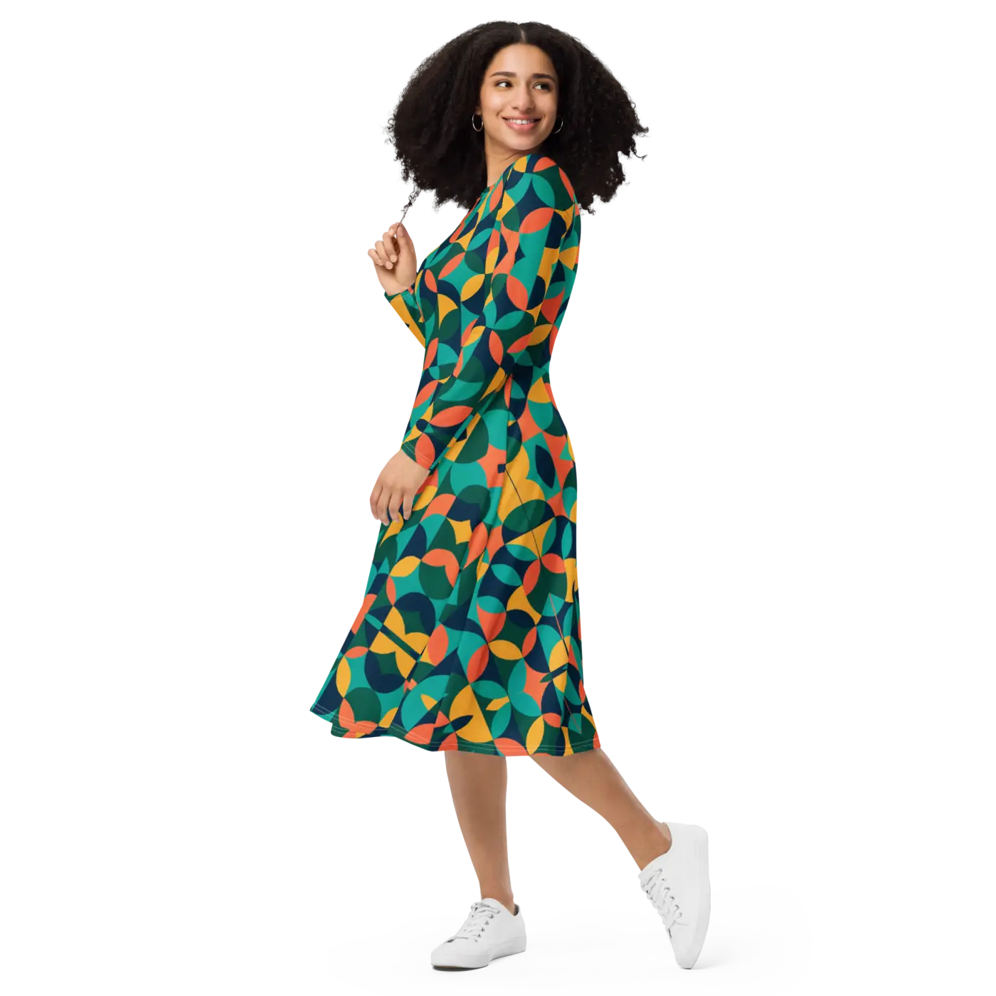 Print Long Sleeve Midi - Attractive Geometrical Pattern - DipaliZ