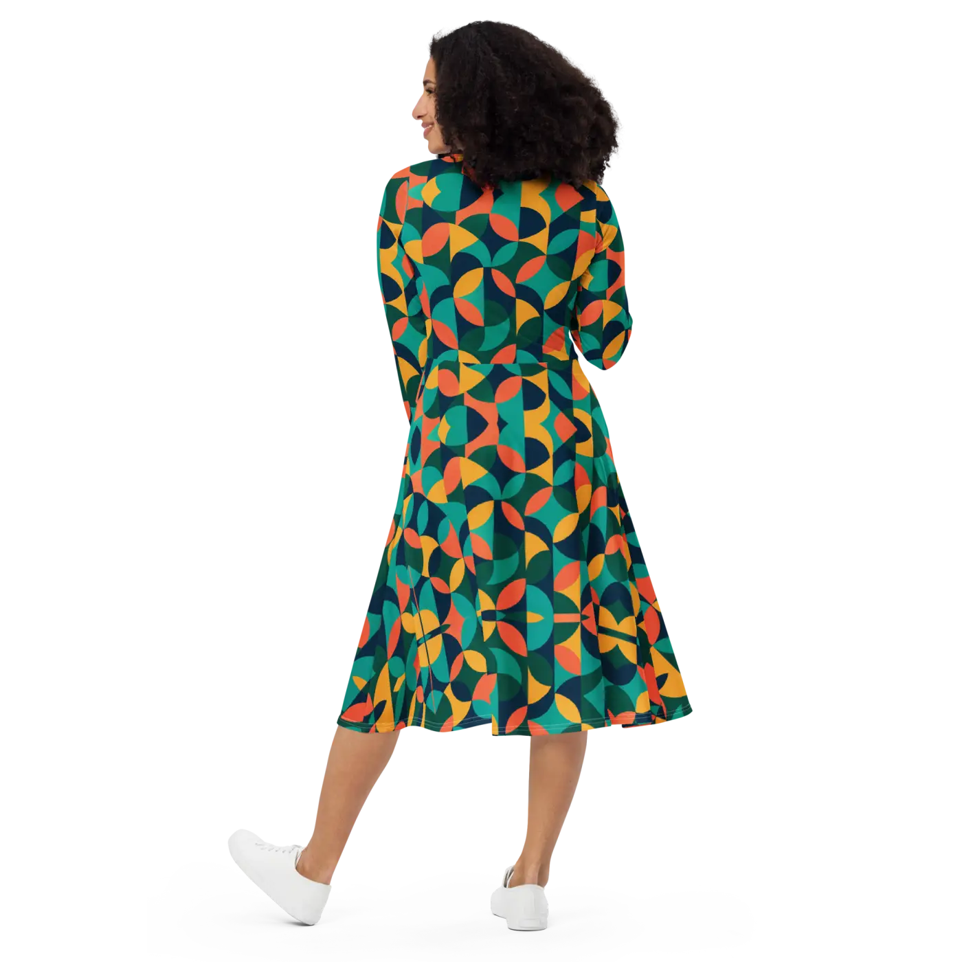 Print Long Sleeve Midi - Attractive Geometrical Pattern - DipaliZ