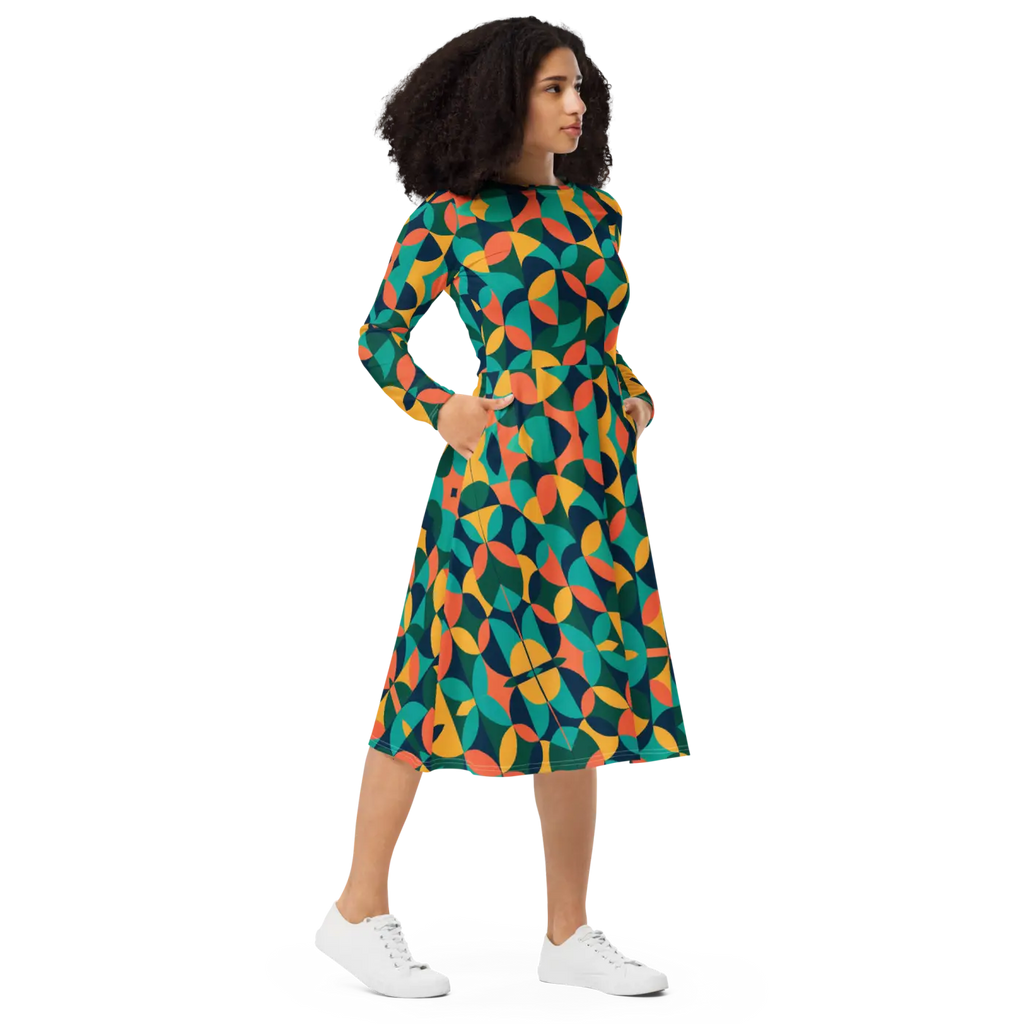 Print Long Sleeve Midi - Attractive Geometrical Pattern - DipaliZ