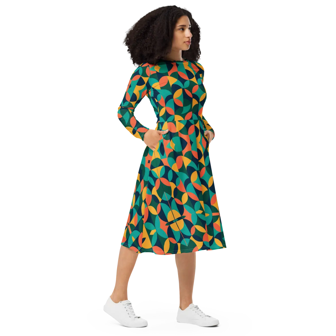 Print Long Sleeve Midi - Attractive Geometrical Pattern - DipaliZ