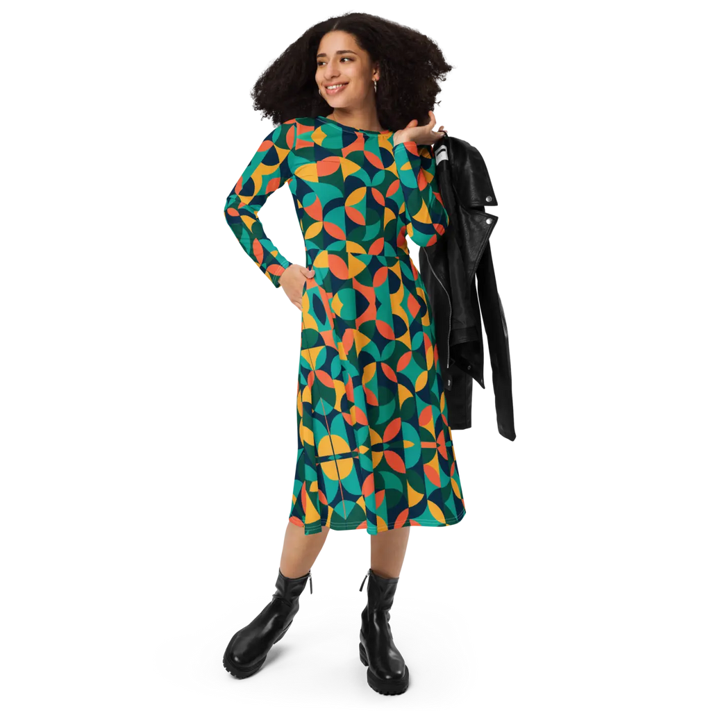 Print Long Sleeve Midi - Attractive Geometrical Pattern - DipaliZ