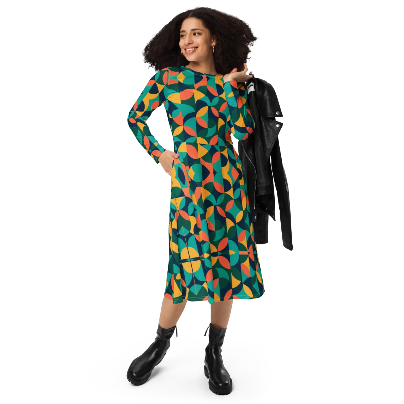 Print Long Sleeve Midi - Attractive Geometrical Pattern - DipaliZ