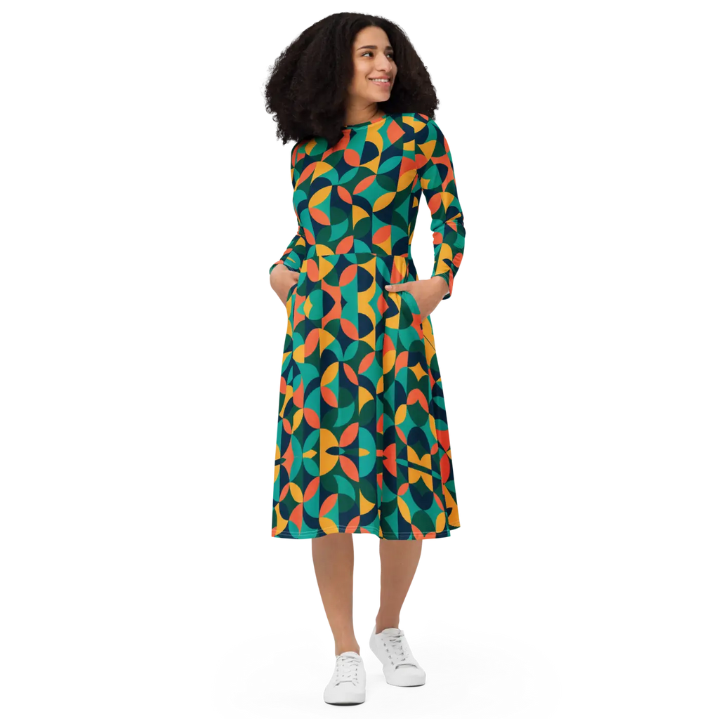 Print Long Sleeve Midi - Attractive Geometrical Pattern - DipaliZ