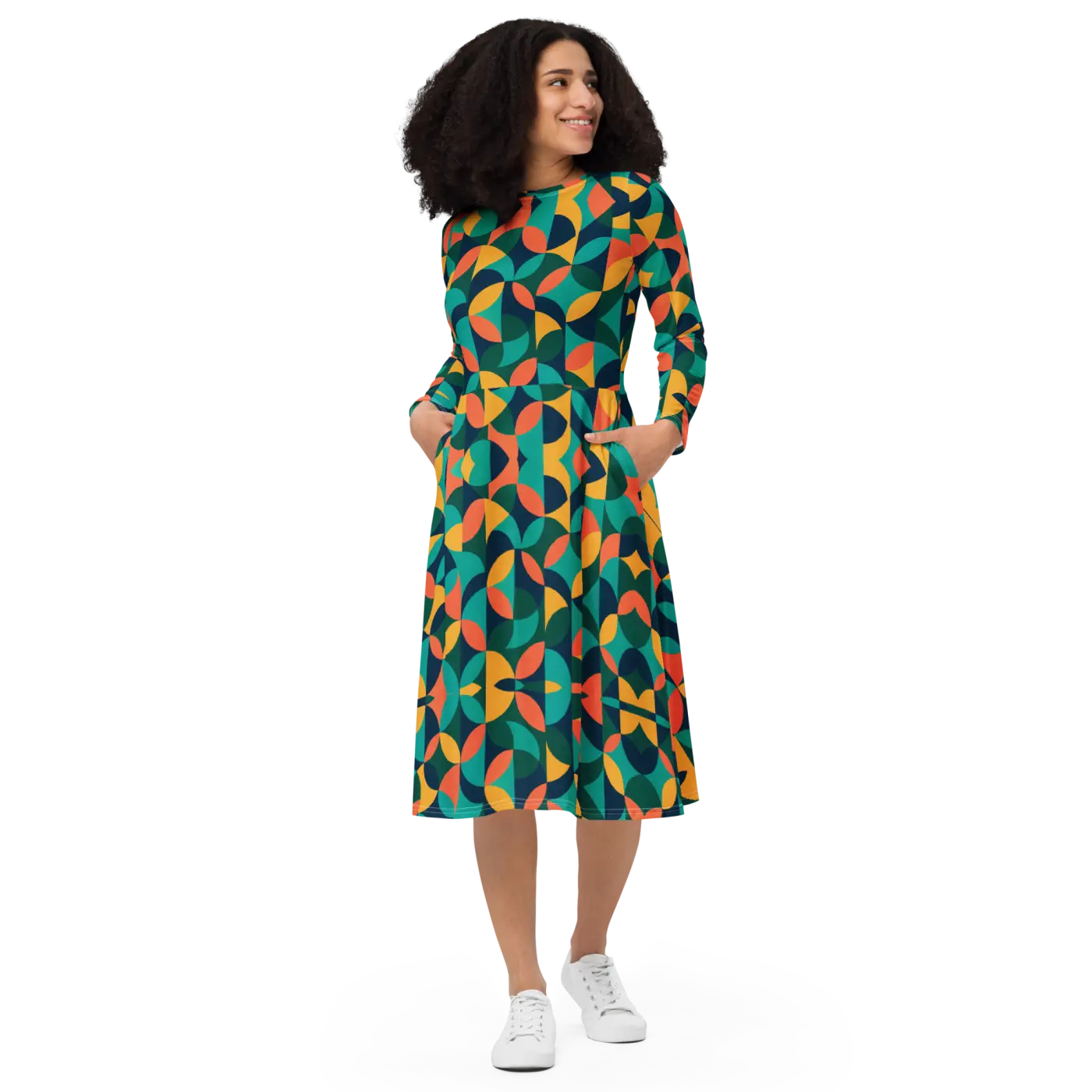 Print Long Sleeve Midi - Attractive Geometrical Pattern - DipaliZ