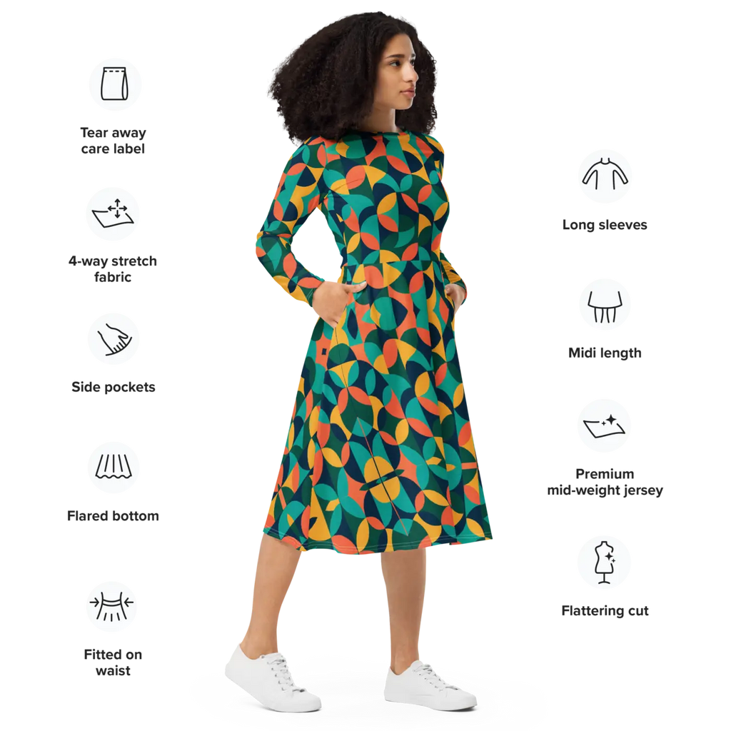 Print Long Sleeve Midi - Attractive Geometrical Pattern - DipaliZ