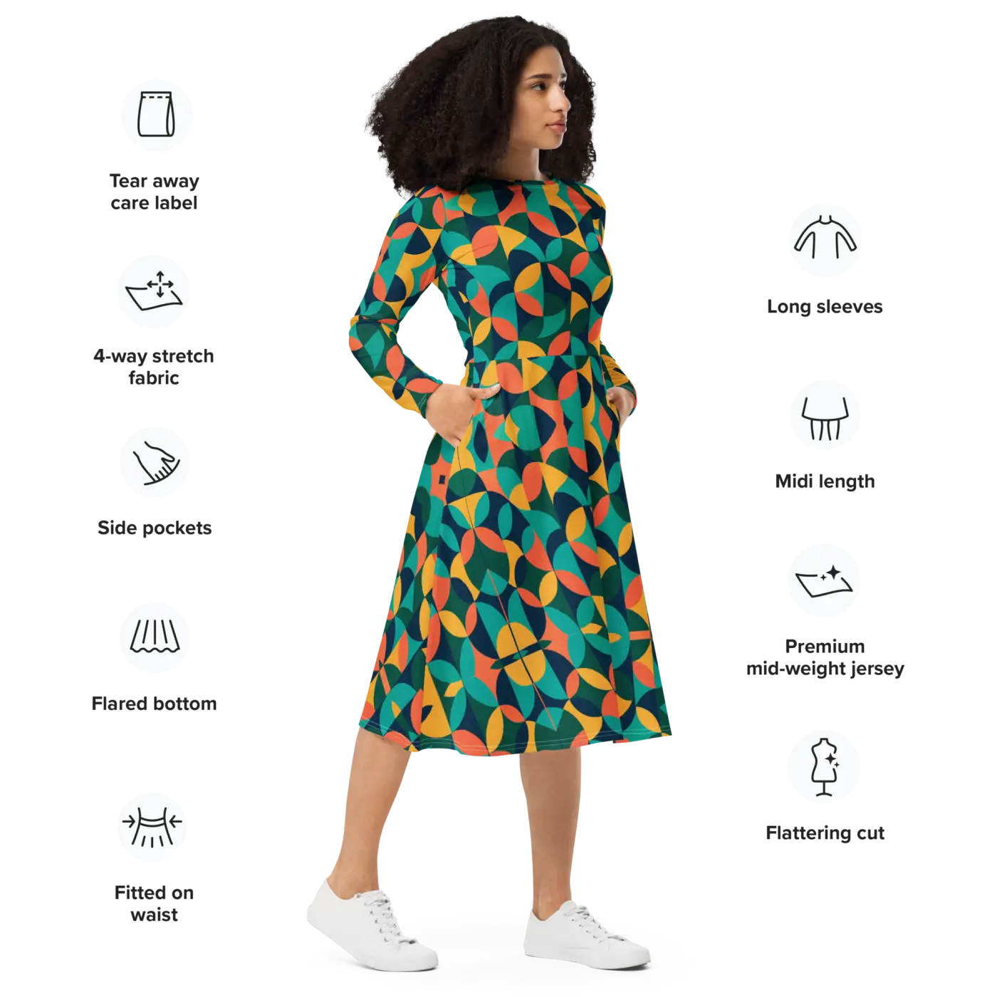 Print Long Sleeve Midi - Attractive Geometrical Pattern - DipaliZ