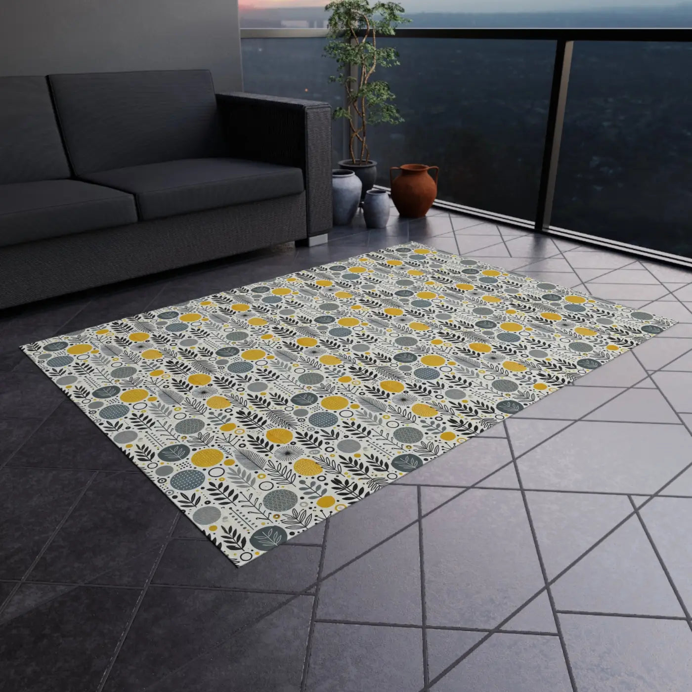 Floral Grey Outdoor Rug - Bright Patio Design - DipaliZ