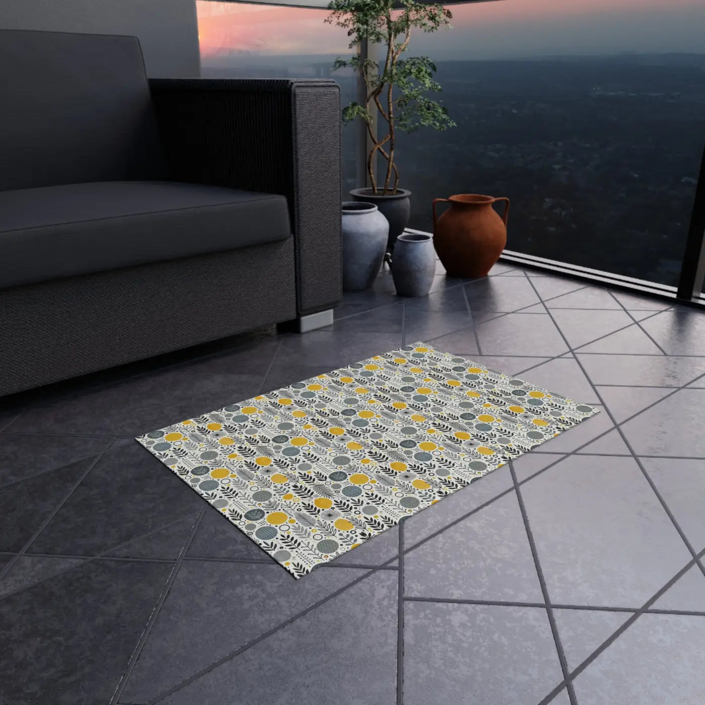 Floral Grey Outdoor Rug - Bright Patio Design - DipaliZ