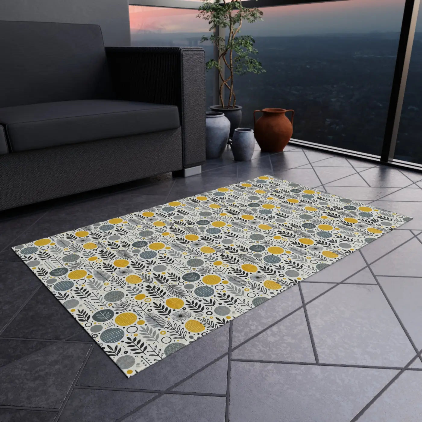 Floral Grey Outdoor Rug - Bright Patio Design - DipaliZ