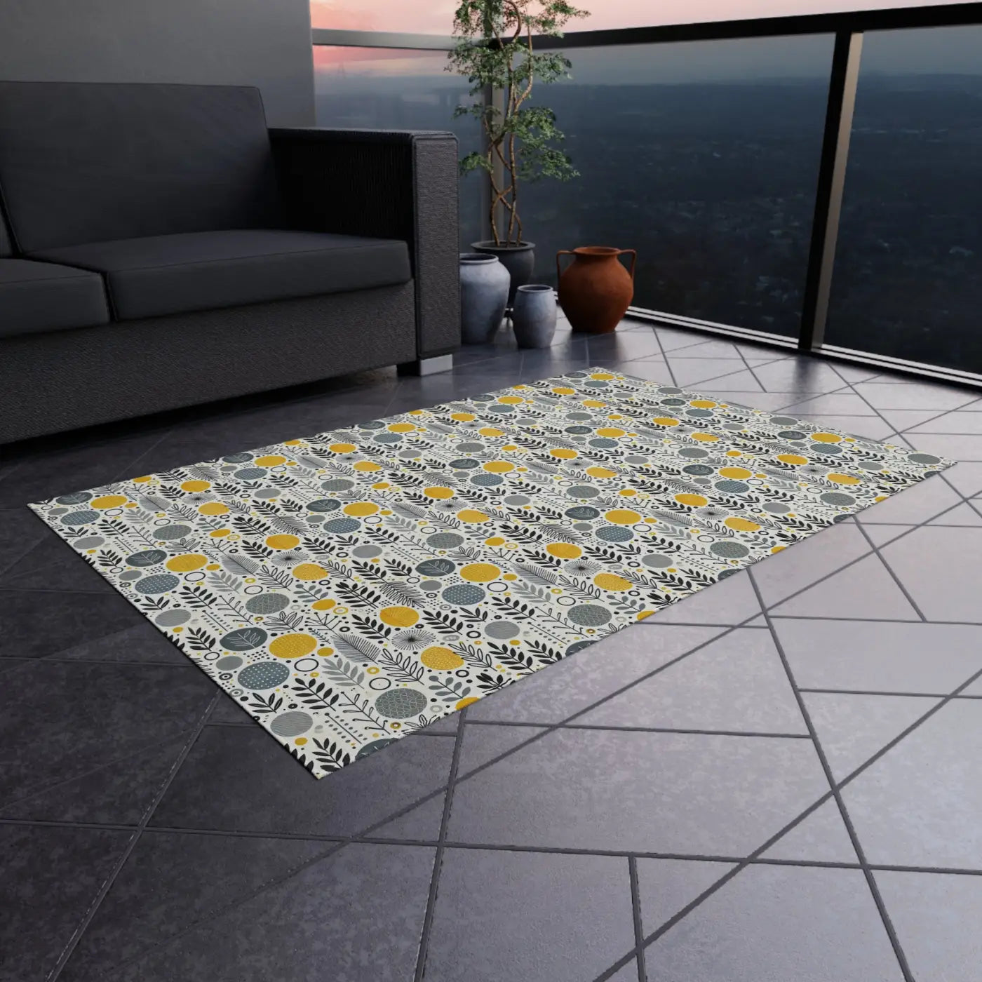 Floral Grey Outdoor Rug - Bright Patio Design - DipaliZ