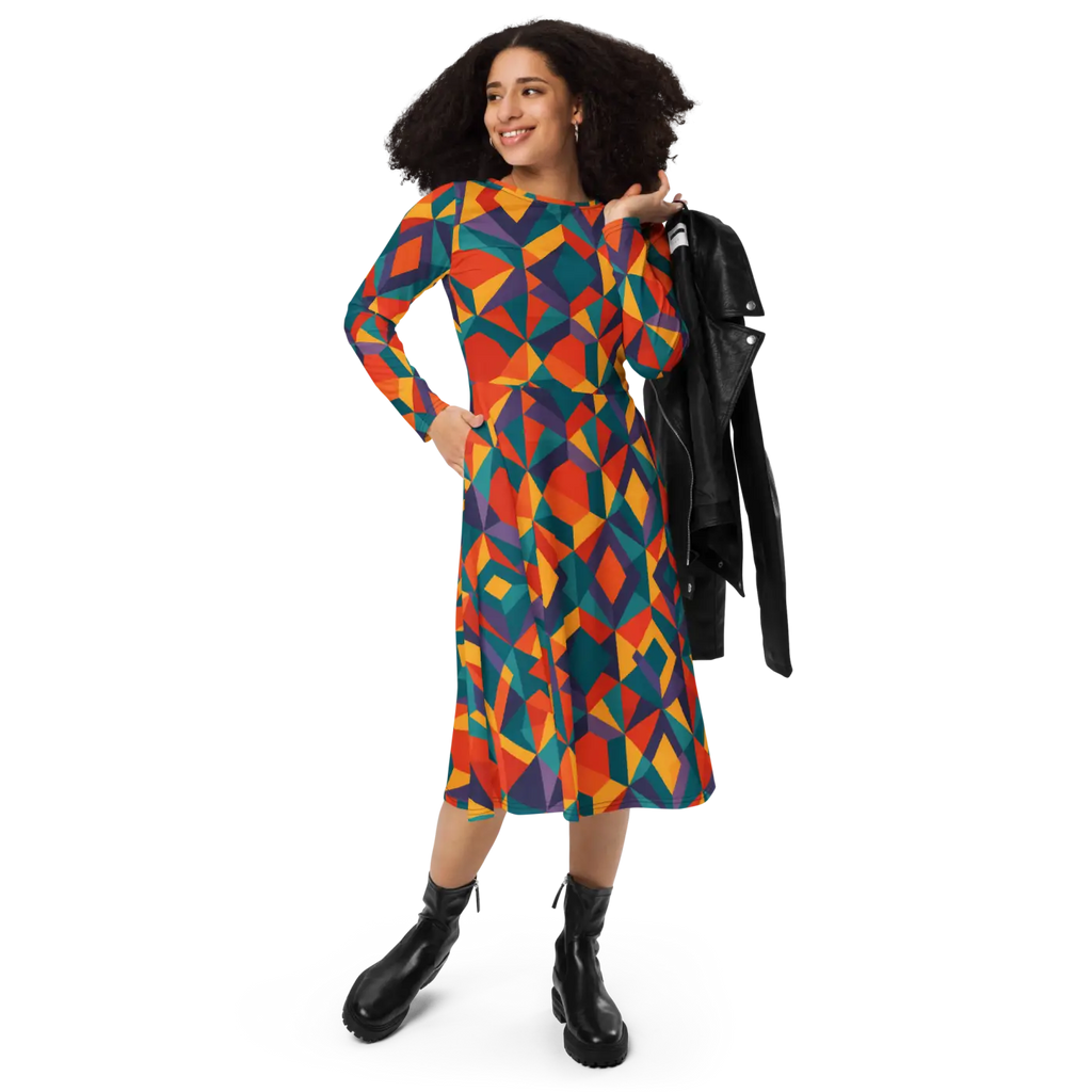 Bright Geometric Pattern Long Dress - Statement Style - DipaliZ