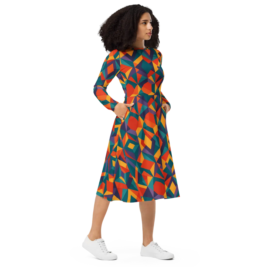 Bright Geometric Pattern Long Dress - Statement Style - DipaliZ