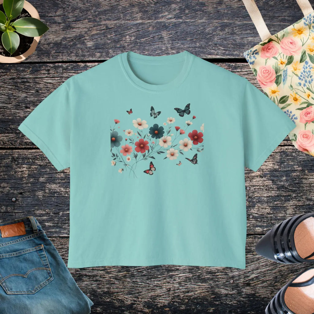 Flowers Boxy Tee - Stylish Slightly Cropped Fit - DipaliZ