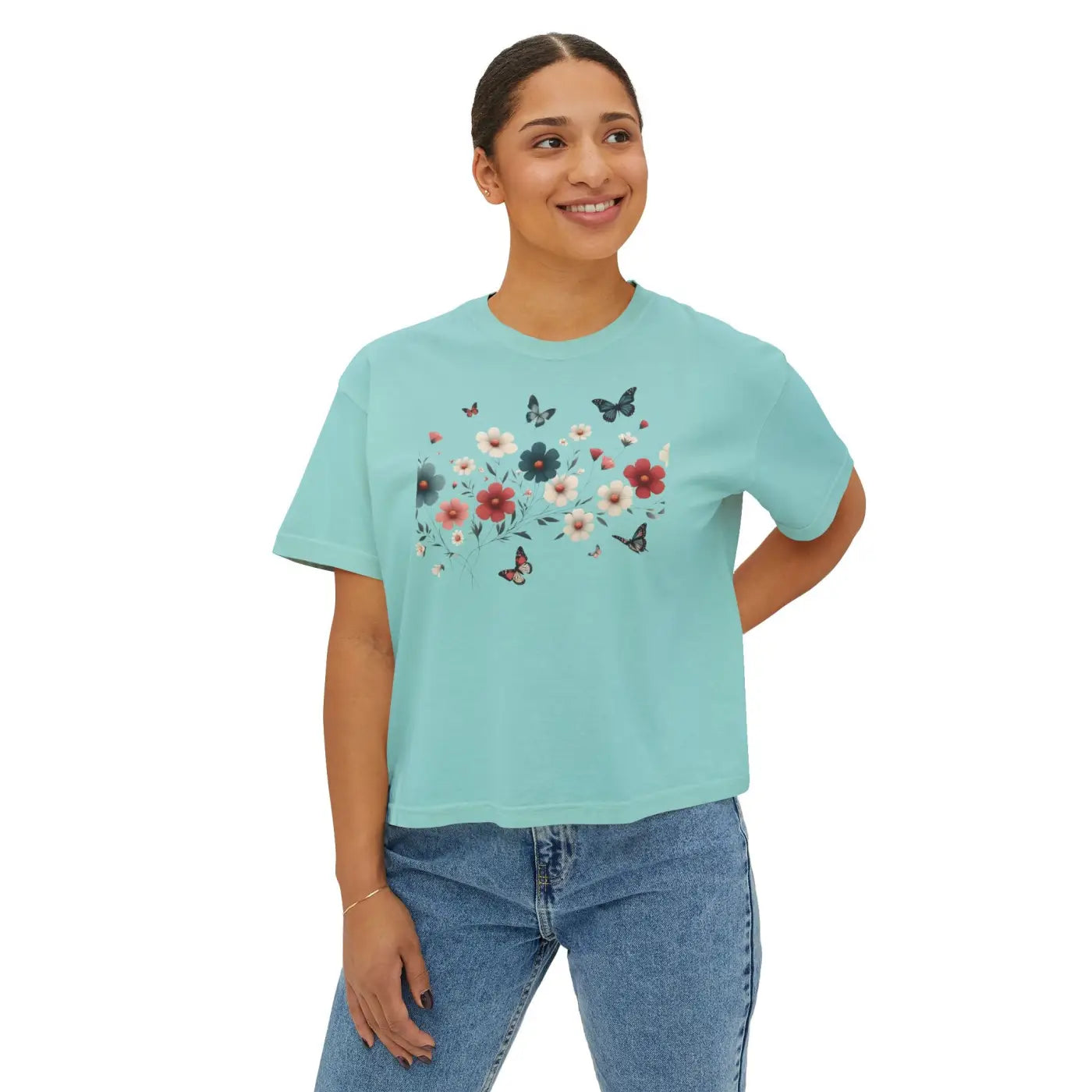 Flowers Boxy Tee - Stylish Slightly Cropped Fit - DipaliZ