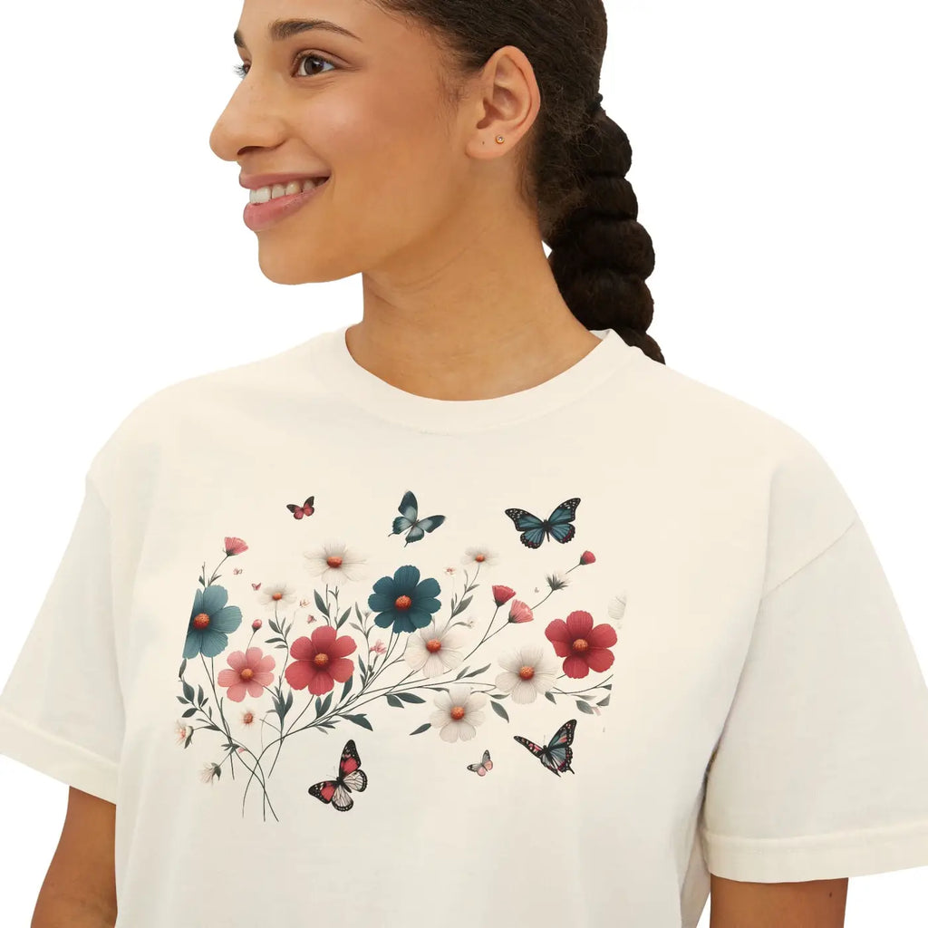 Flowers Boxy Tee - Stylish Slightly Cropped Fit - DipaliZ