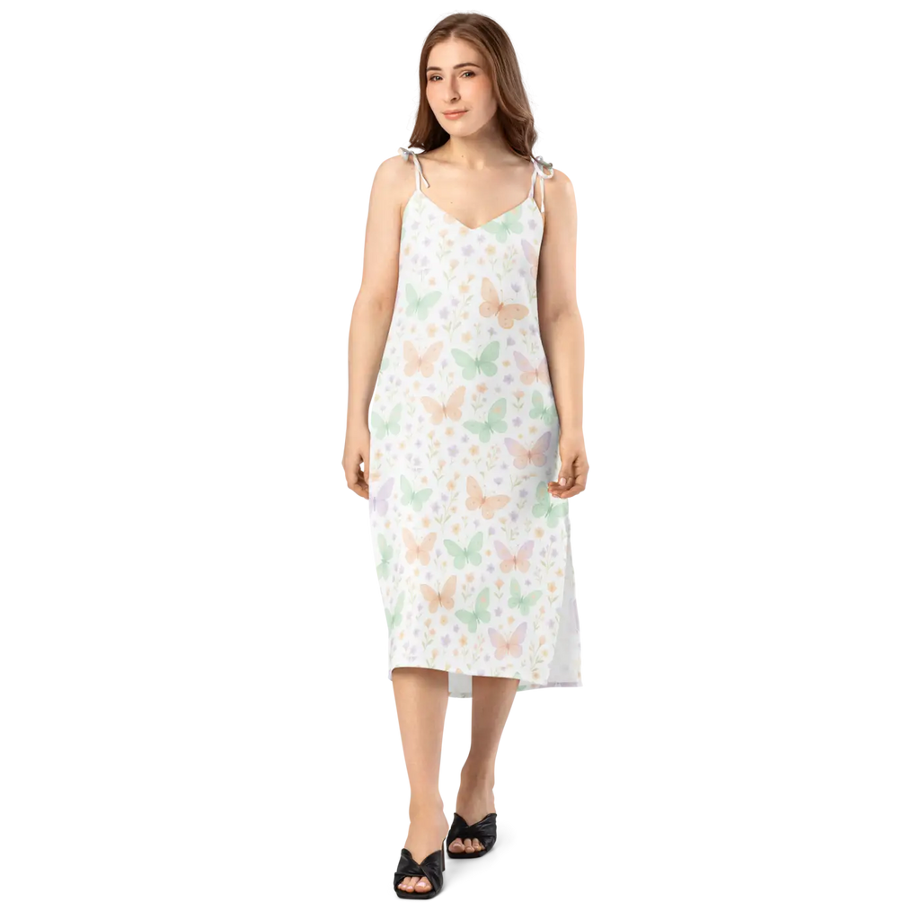 Butterflies Pattern Midi Dress - Built-In Bra Support - DipaliZ