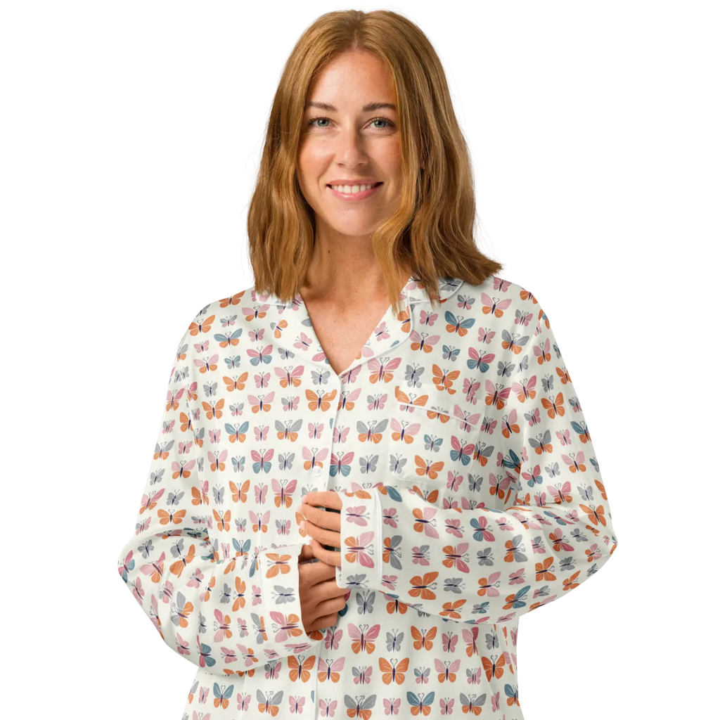 Silky Butterfly Print Long Sleeve Pajama Top - DipaliZ