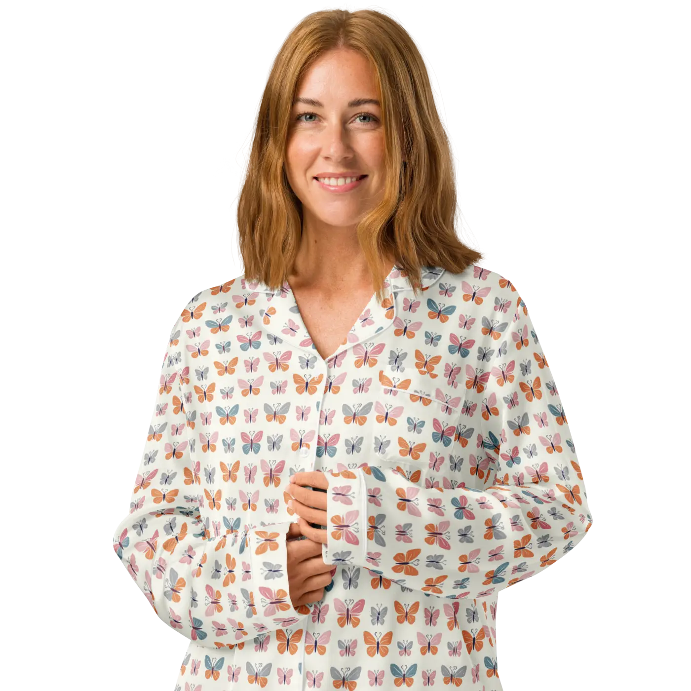 Silky Butterfly Print Long Sleeve Pajama Top - DipaliZ