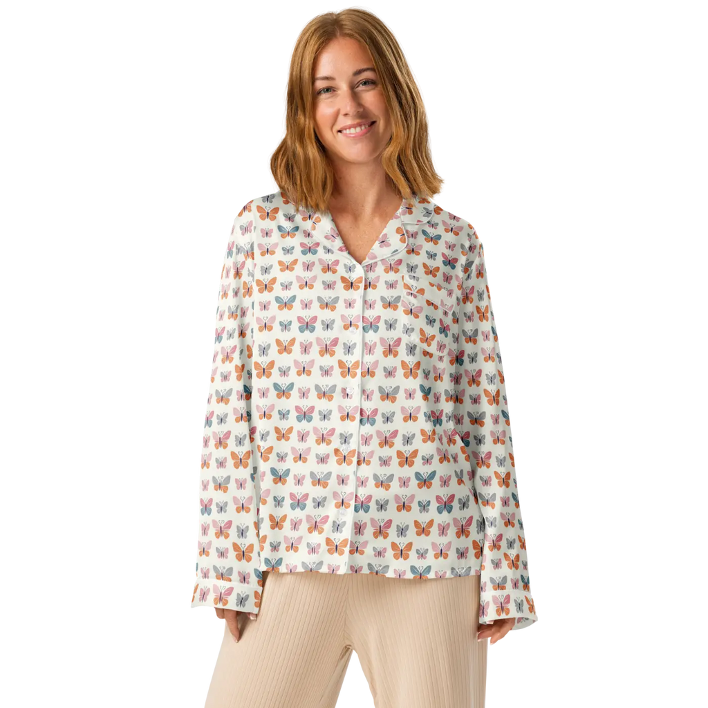 Silky Butterfly Print Long Sleeve Pajama Top - DipaliZ