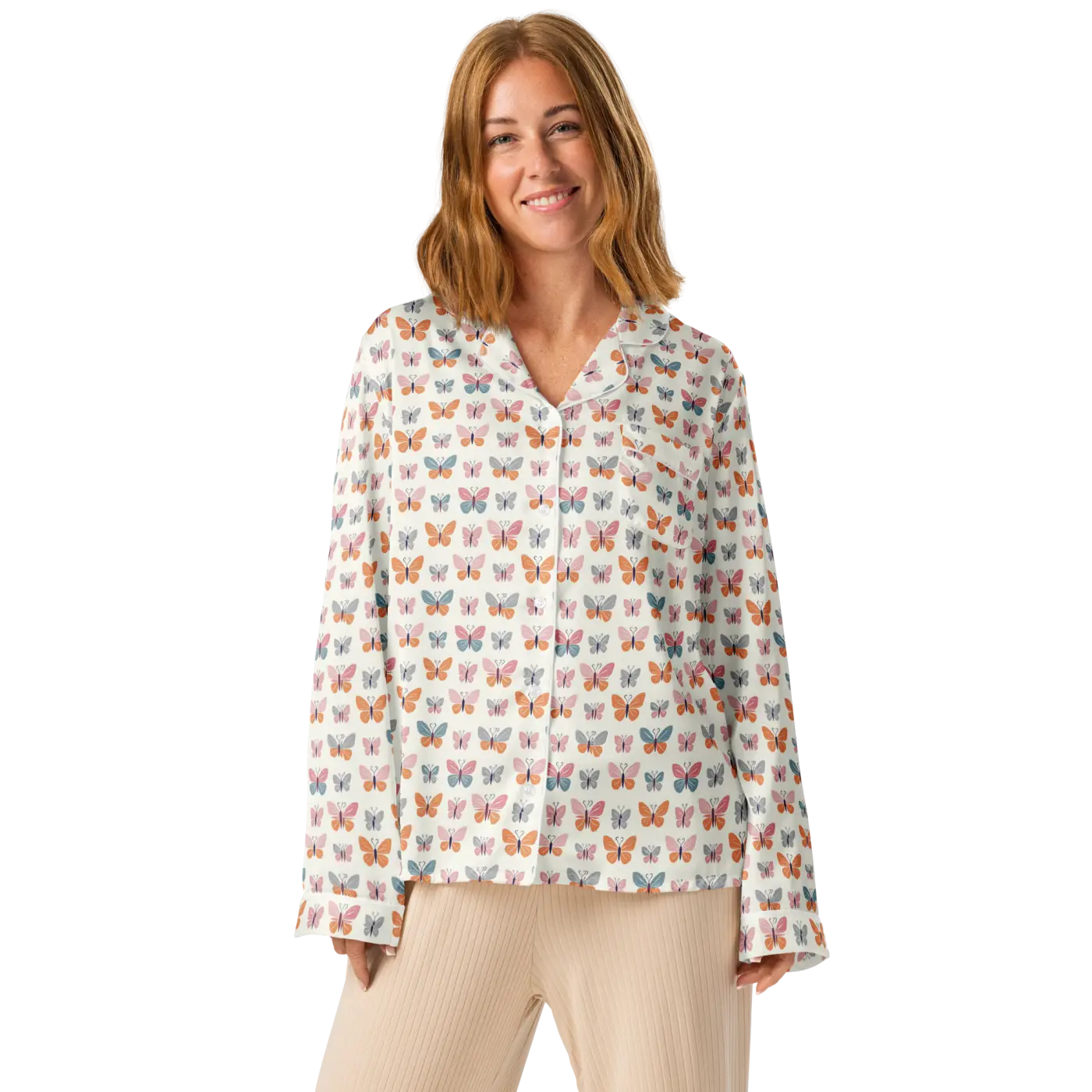 Silky Butterfly Print Long Sleeve Pajama Top - DipaliZ
