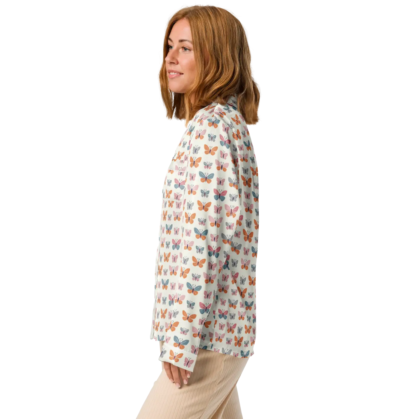 Silky Butterfly Print Long Sleeve Pajama Top - DipaliZ